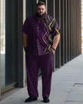 Big Build Men's Purple Personalized Printed Casual Short Sleeve Walking Set